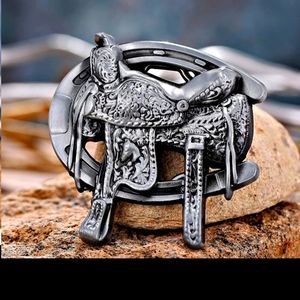 New silver saddle horseback horseshoe horse belt buckle